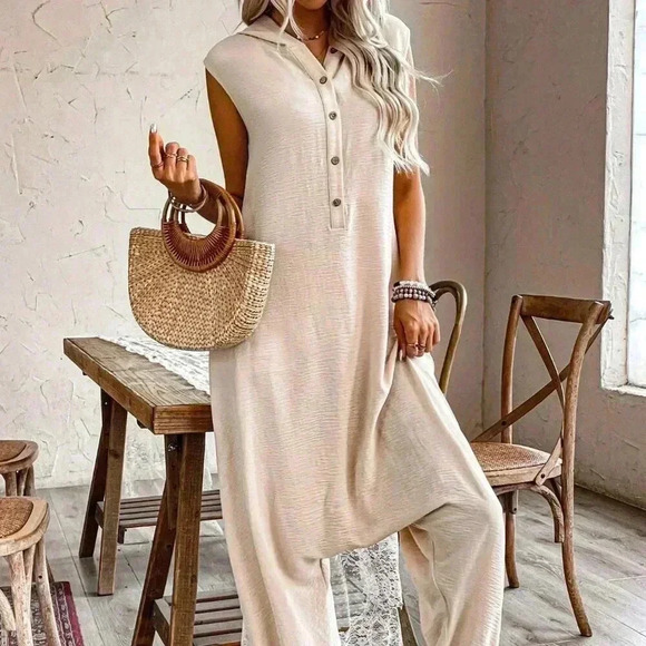 Pants - Apricot Casual Women's Half-Bottoned Sleeveless Loose Jumpsuit